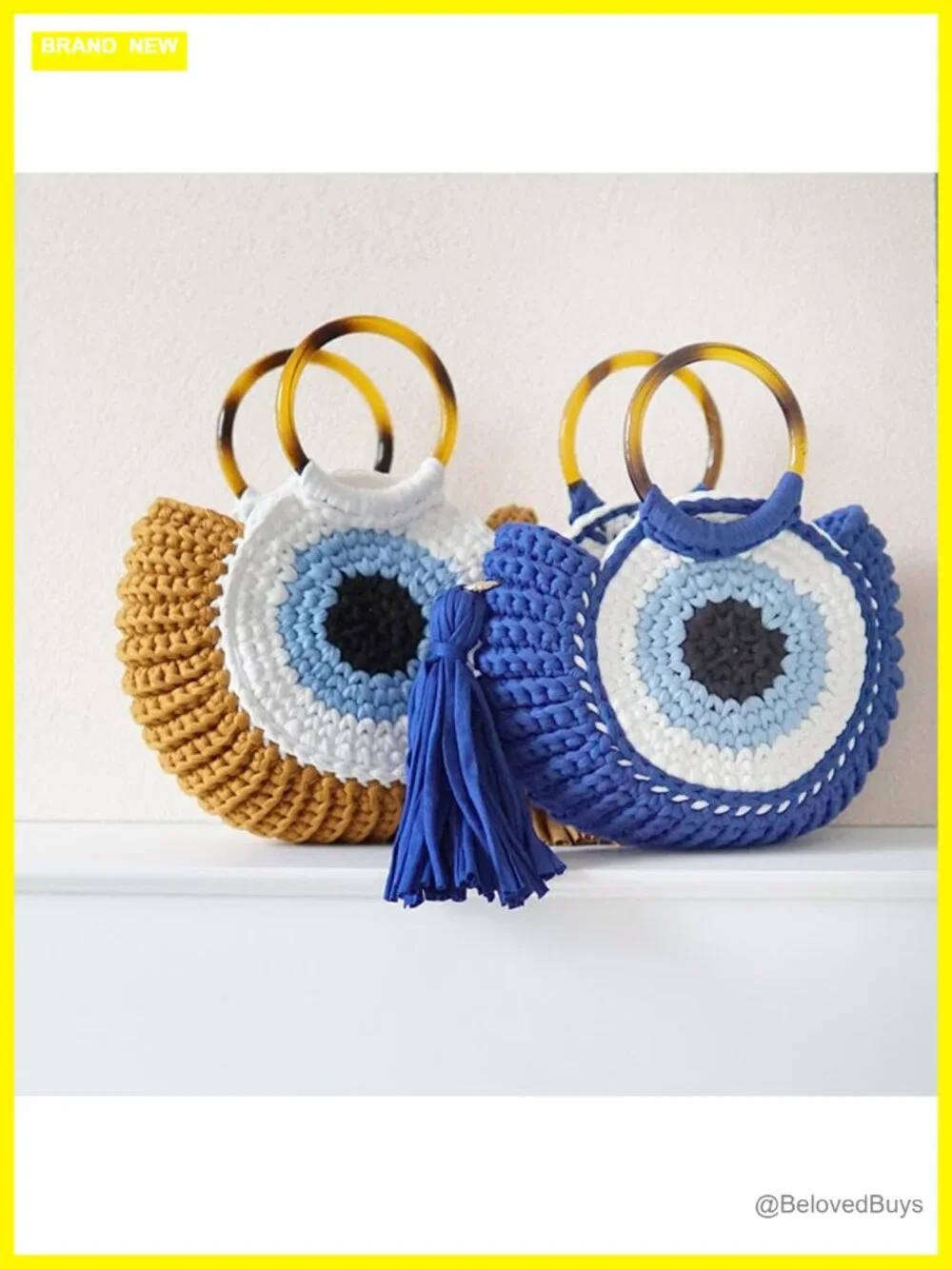 Handwoven Chunky Yarn Knitted Hobo Bag with Evil Eye Pattern Detachable Tassel